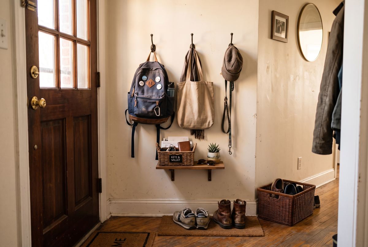 Entryway launch pad with hooks, a labeled key basket and shoes by the door