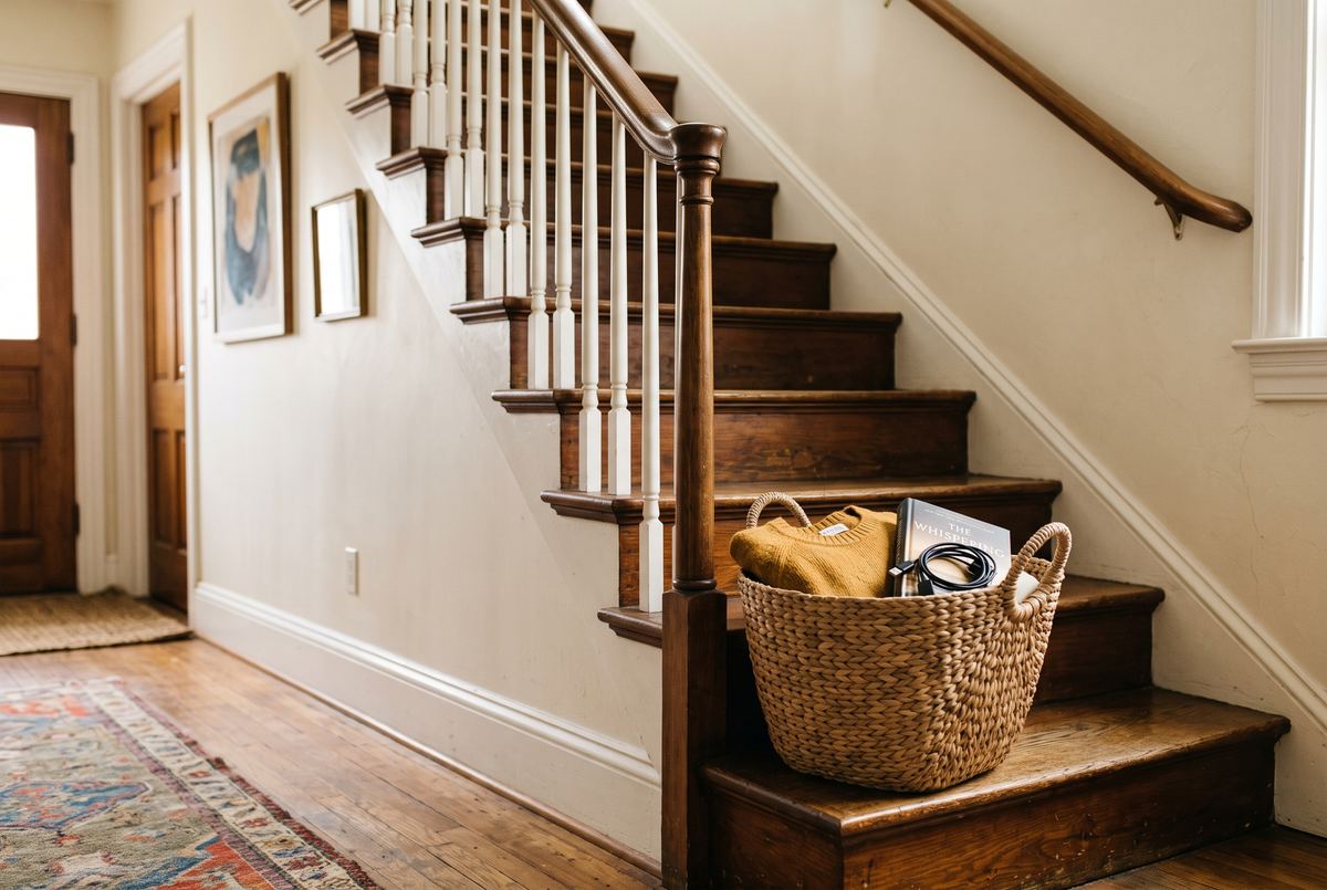 Go-back basket at the bottom of a staircase holding items that belong upstairs