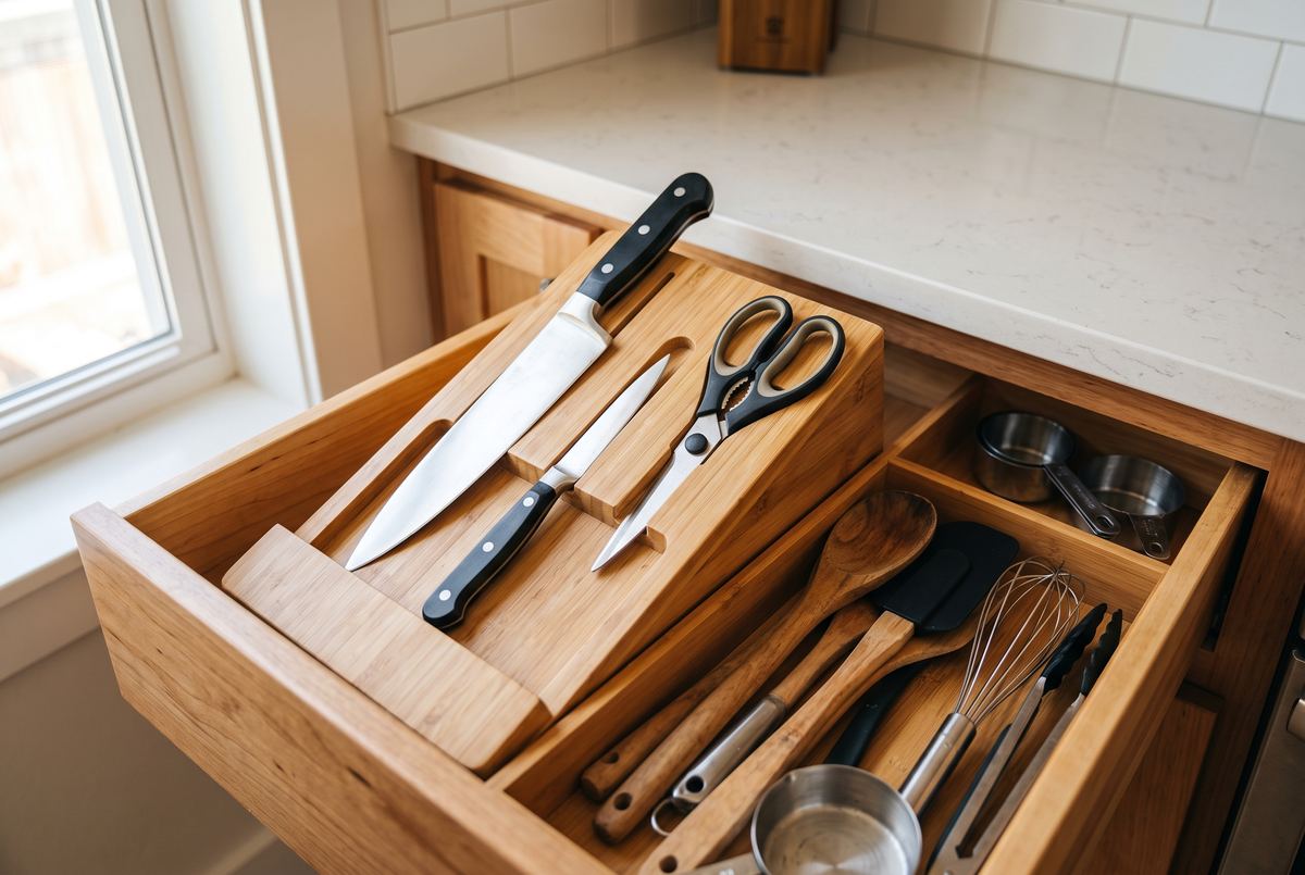 Kitchen drawer with bamboo in-drawer knife organizer and tidy utensils