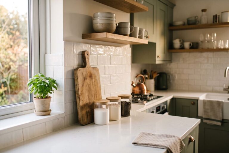 Small kitchen with clear countertops after weekend organization