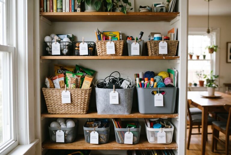 Open labeled bins without lids on a shelf