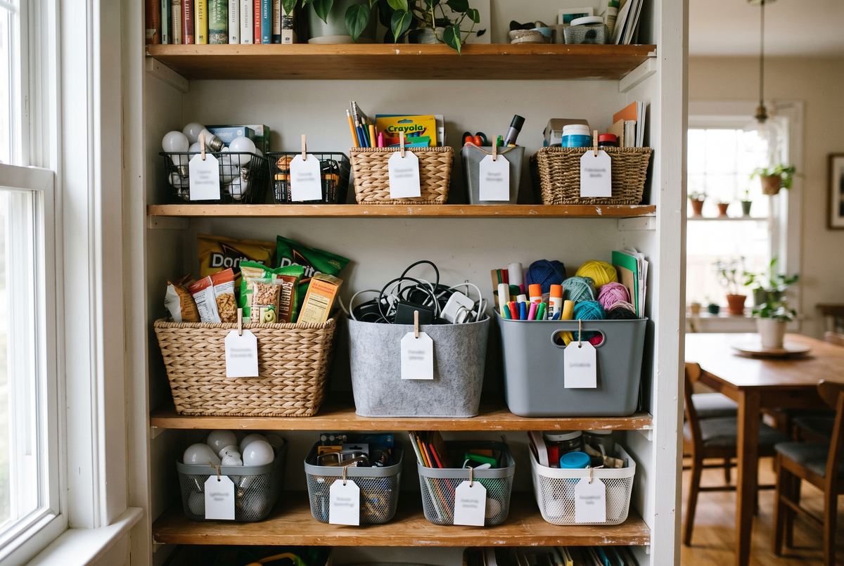 Open labeled bins without lids on a shelf