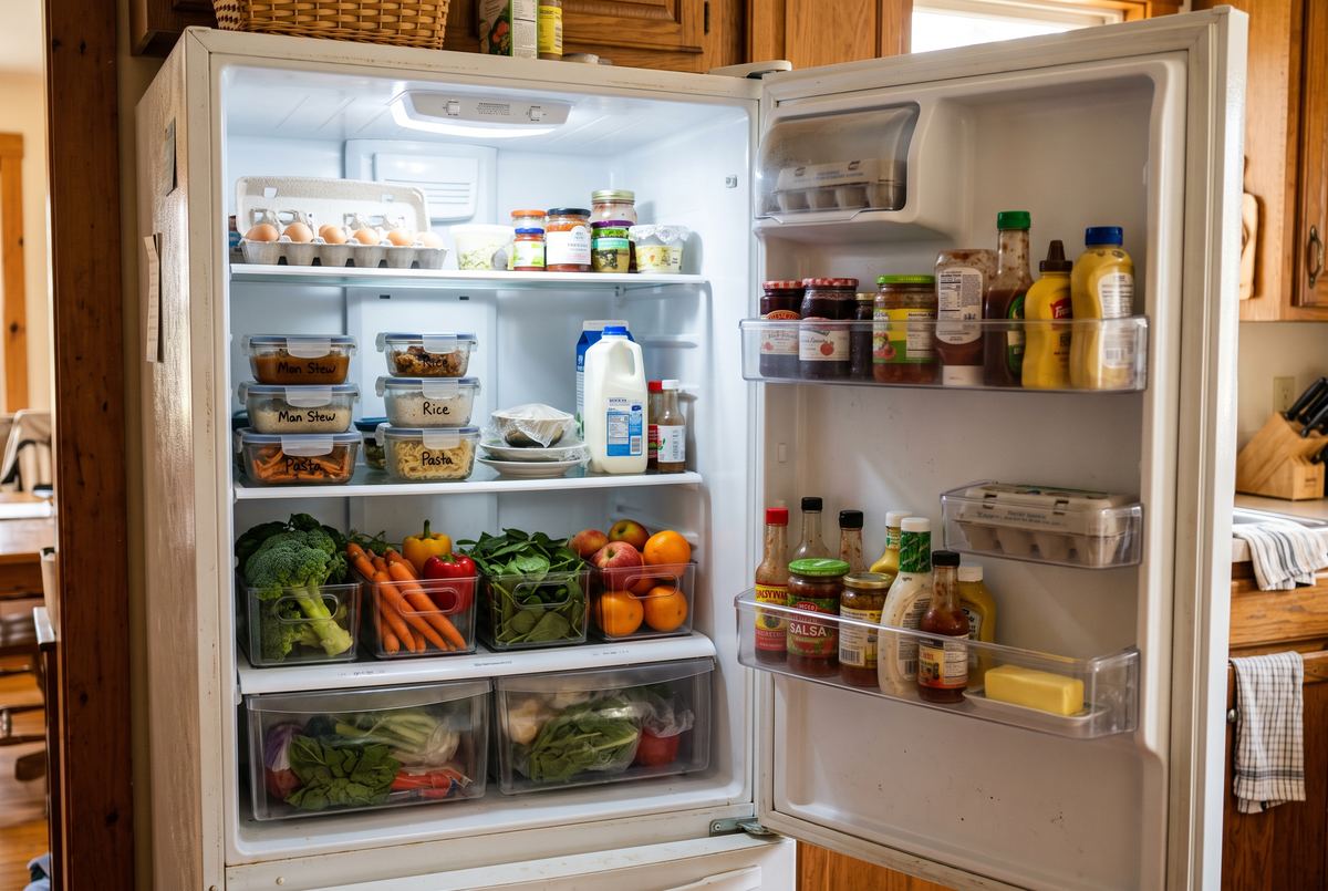 Organized refrigerator with clear bins grouping food into zones
