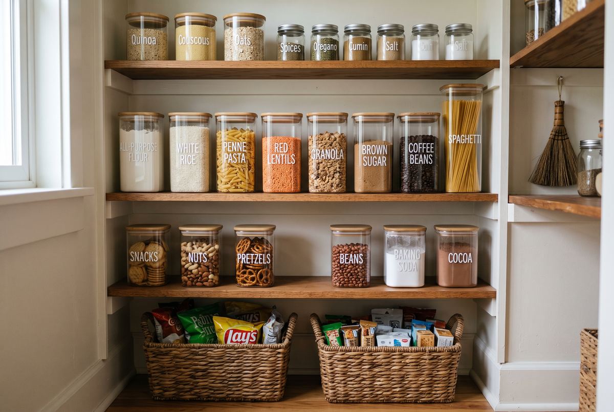 Pantry shelves with labeled airtight containers for rice, flour and pasta