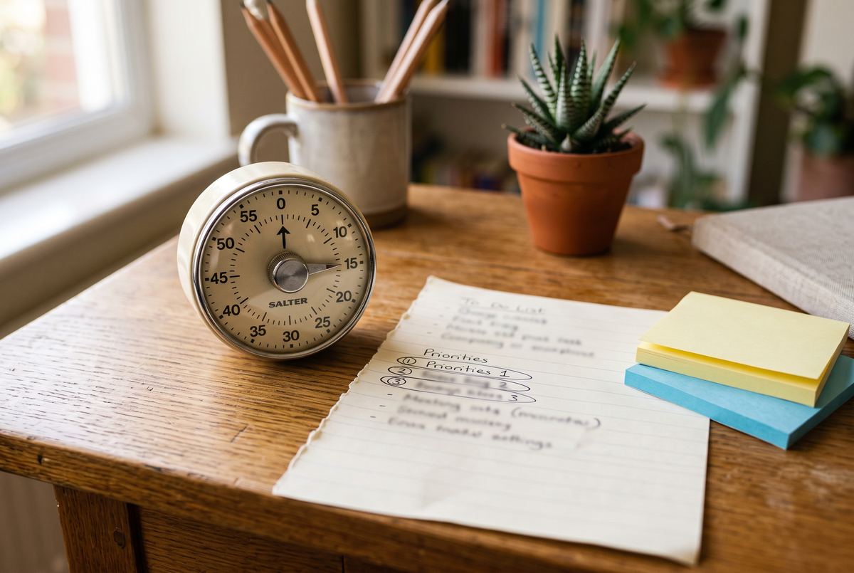 Kitchen timer beside a handwritten brain-dump list with three circled priorities