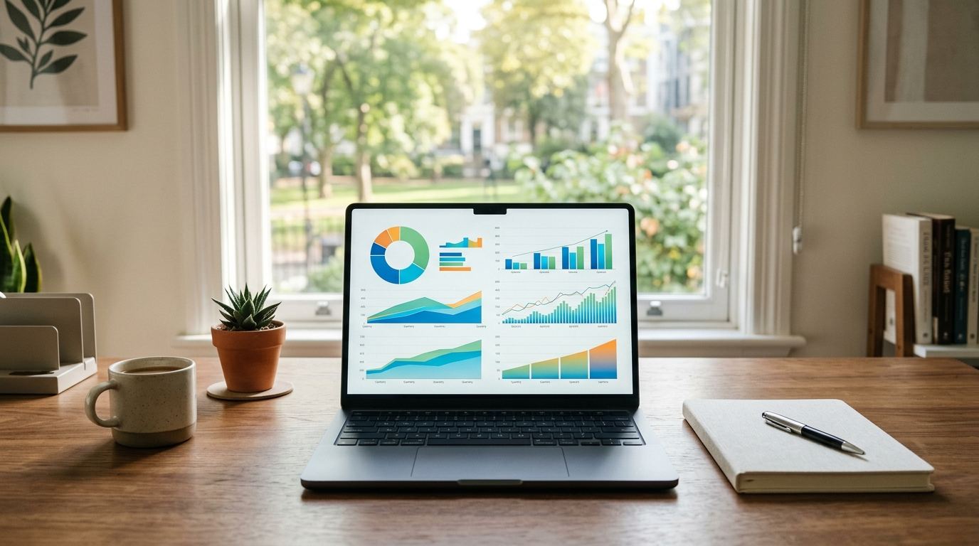 Modern technology workspace laptop showing strategic 4-bucket business growth analytics