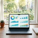 Modern technology workspace laptop showing strategic 4-bucket business growth analytics