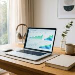 Professional modern workspace setup with laptop showing business growth analytics