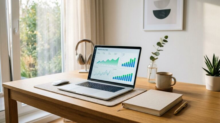 Professional modern workspace setup with laptop showing business growth analytics