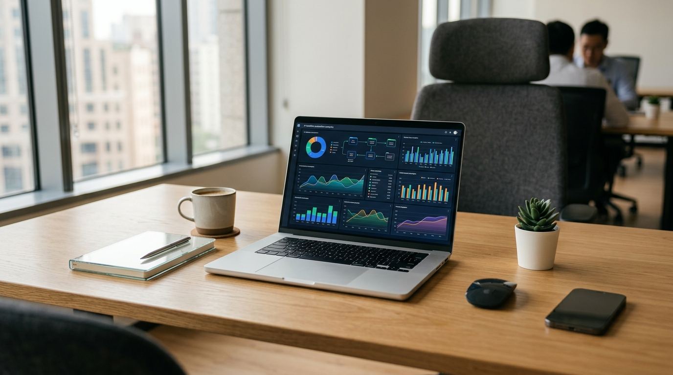 Clean corporate desk displaying automated workflow data and short-form video production analytics