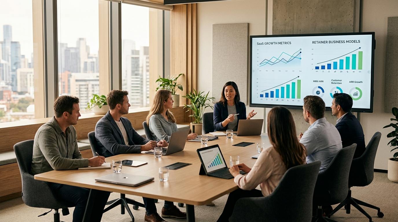Executive strategy room displaying recurring monthly retainer metrics and Micro-SaaS growth trends