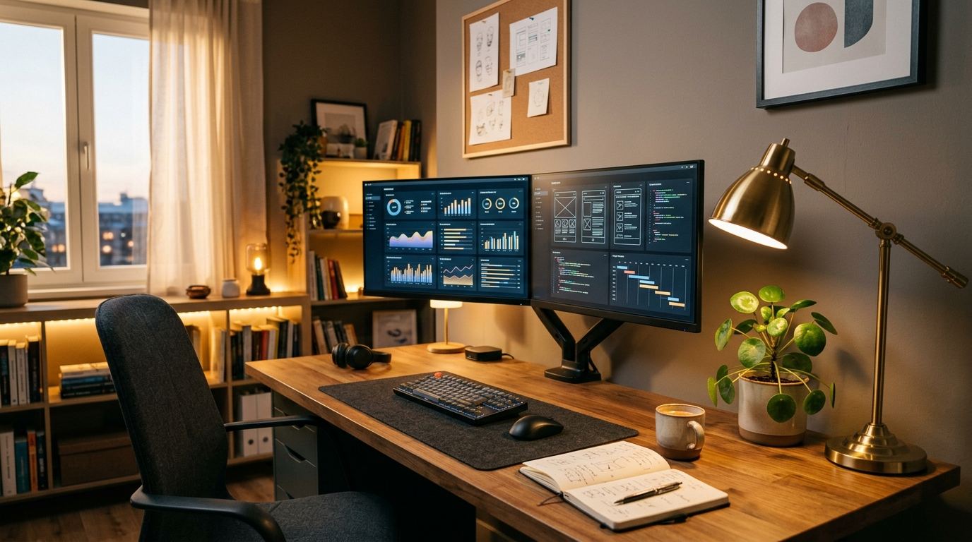 Clean home office setup with dual screens running automated AI task workflows