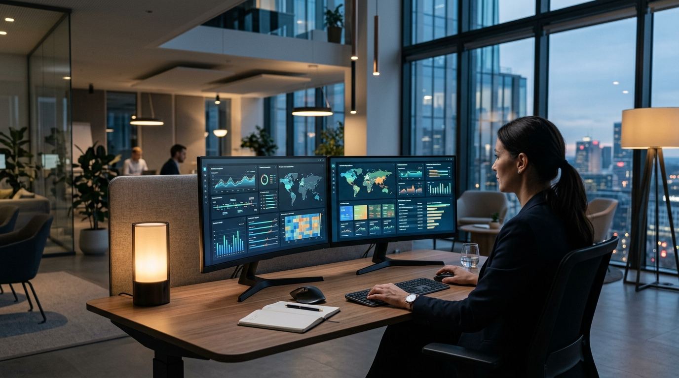 High-tech corporate workspace monitors showing enterprise asset acquisitions and AI automation software scaling