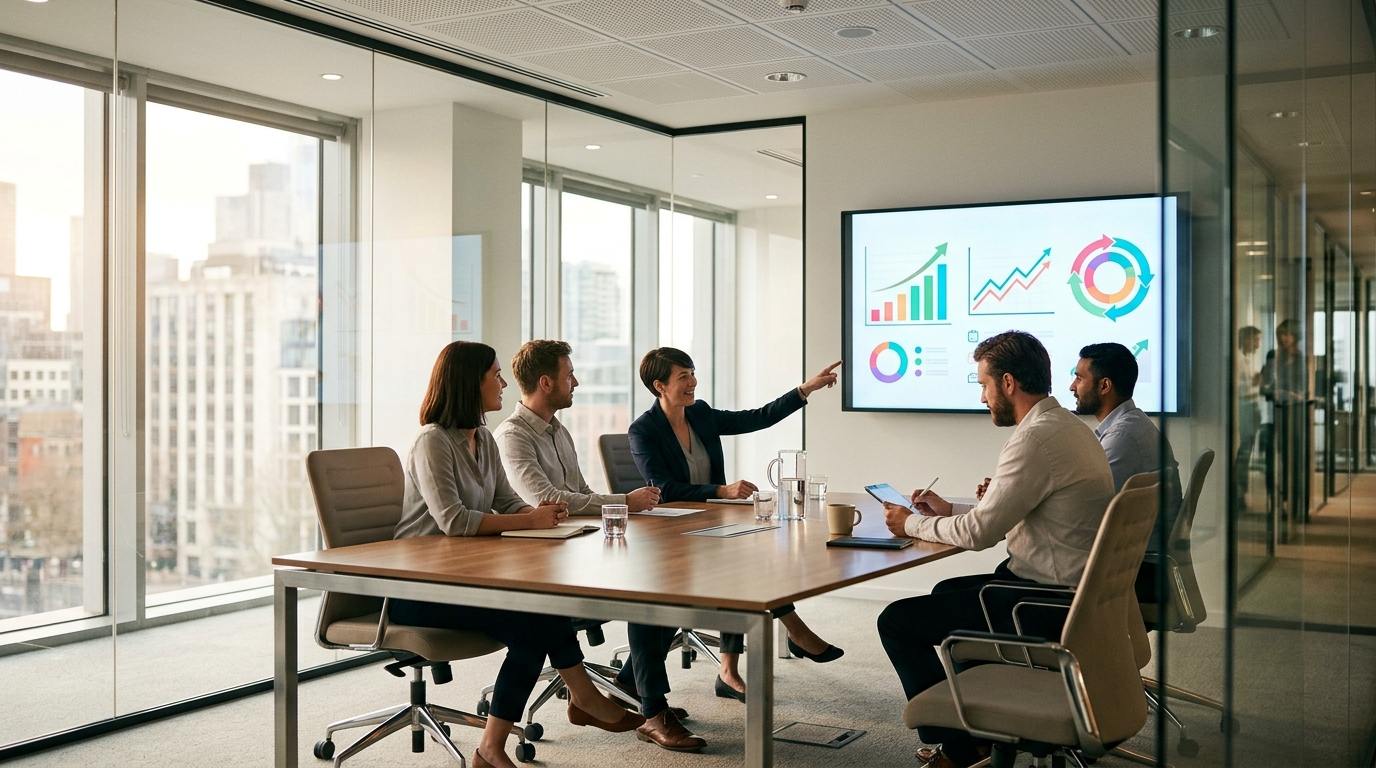 Modern enterprise conference room displaying corporate digital transformation charts