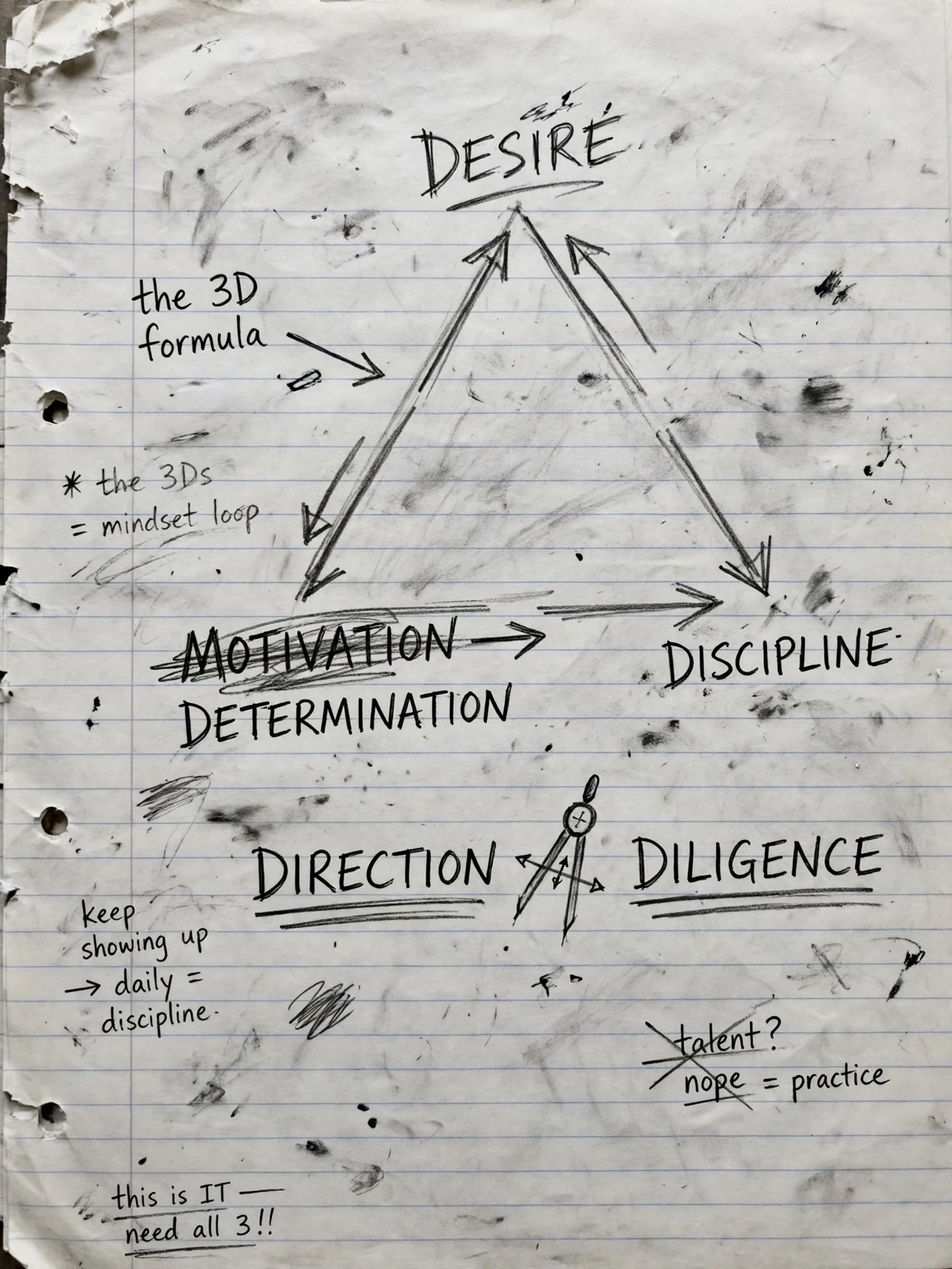 Hand-drawn pencil diagram of the 3D formula for making your first million: desire, determination and discipline, with direction and diligence underneath