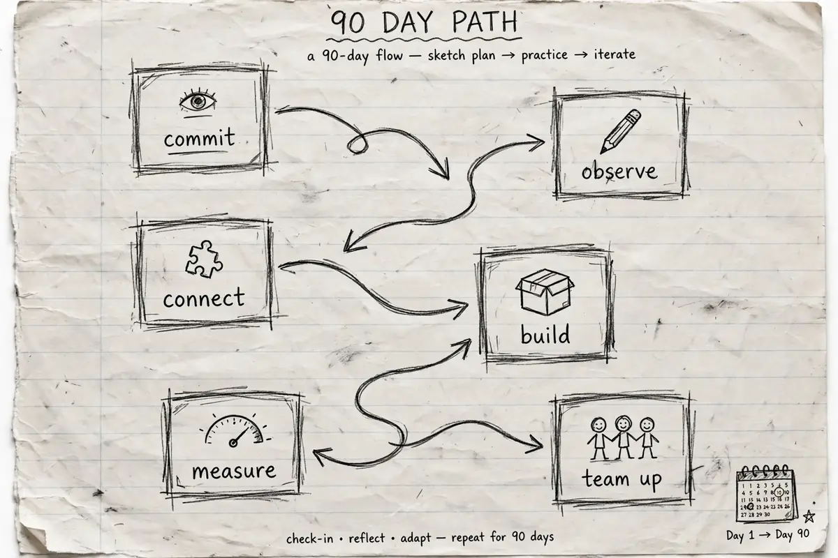 Hand-drawn pencil diagram of a 90 day leverage plan with six numbered steps, arrows and a small calendar doodle