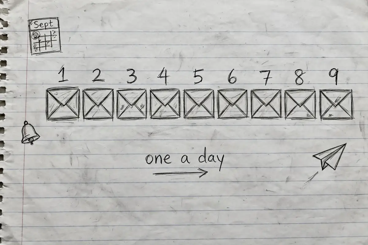 Hand drawn pencil sketch of nine numbered envelopes on lined paper, showing a daily email follow-up sequence for affiliate marketing beginners