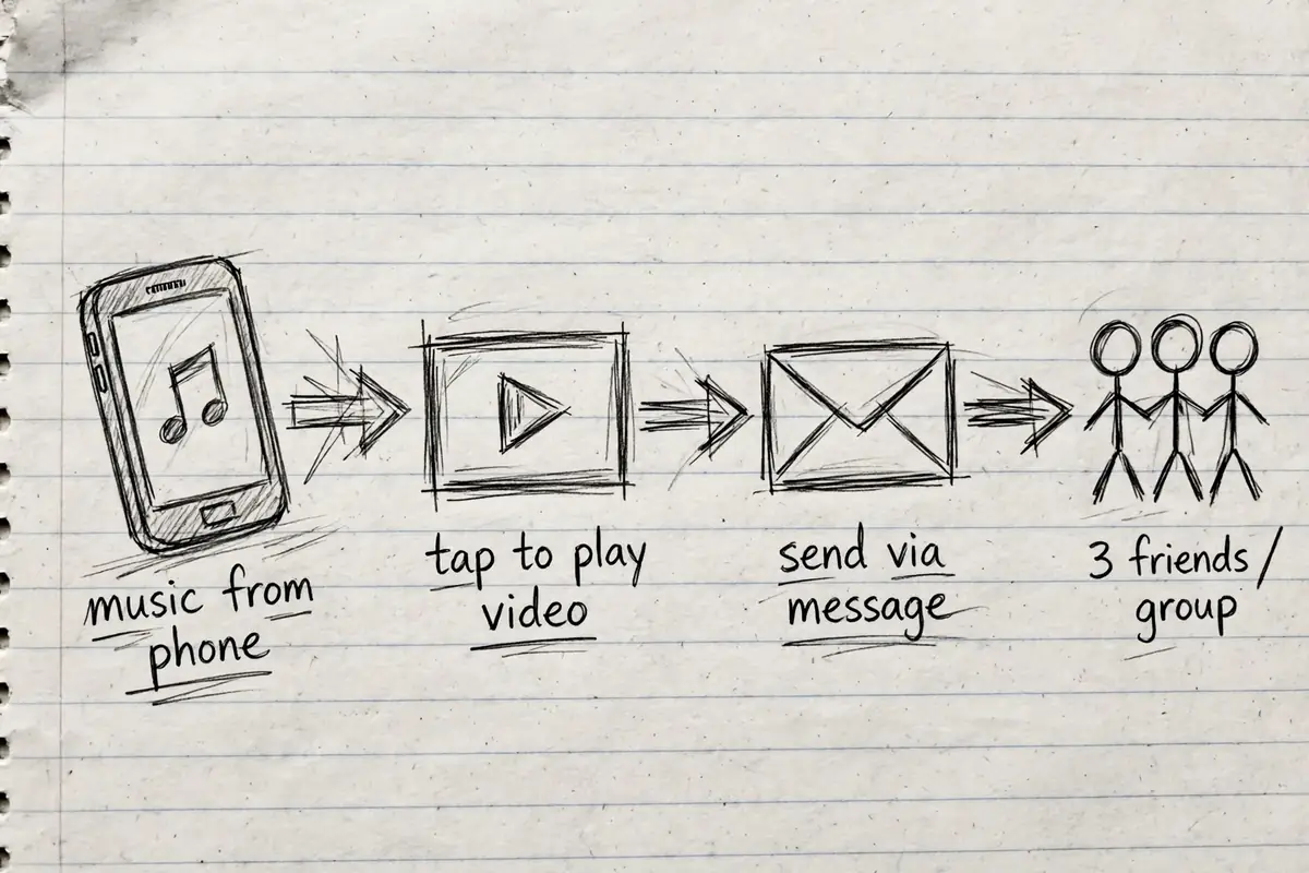 Pencil sketch of a traffic chain for affiliate marketing, with a phone, a video play button, an envelope and a small group of people connected by arrows