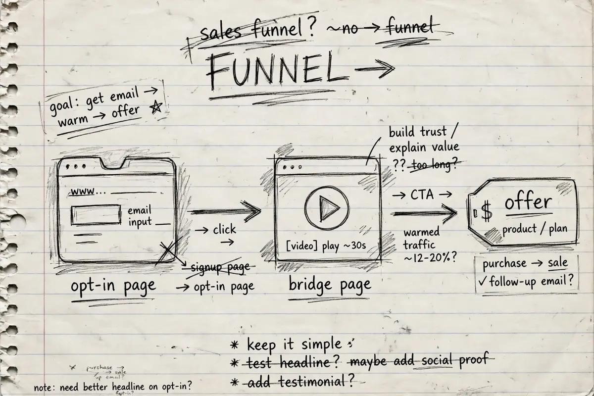 Pencil sketch diagram of the two-page funnel in this affiliate marketing tutorial for beginners, with an opt-in page and a bridge page drawn on notebook paper