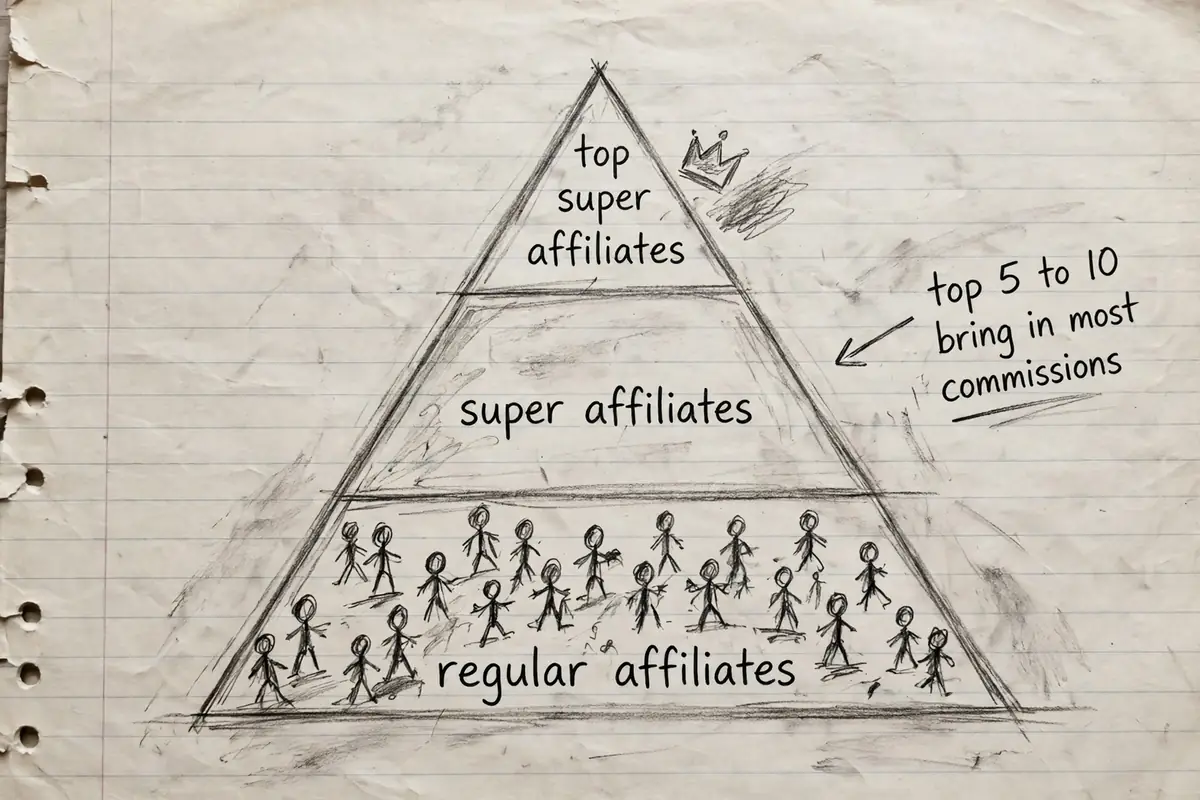 Hand-drawn pyramid sketch of the three affiliate levels, with top super affiliates at the point, super affiliates in the middle and regular affiliates at the wide base