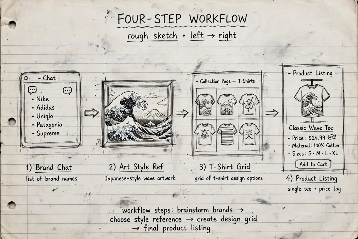Hand-drawn pencil sketch of the AI print on demand workflow, with rough notebook panels for ChatGPT brand naming, Midjourney artwork, a Canva collection page and a t-shirt product listing