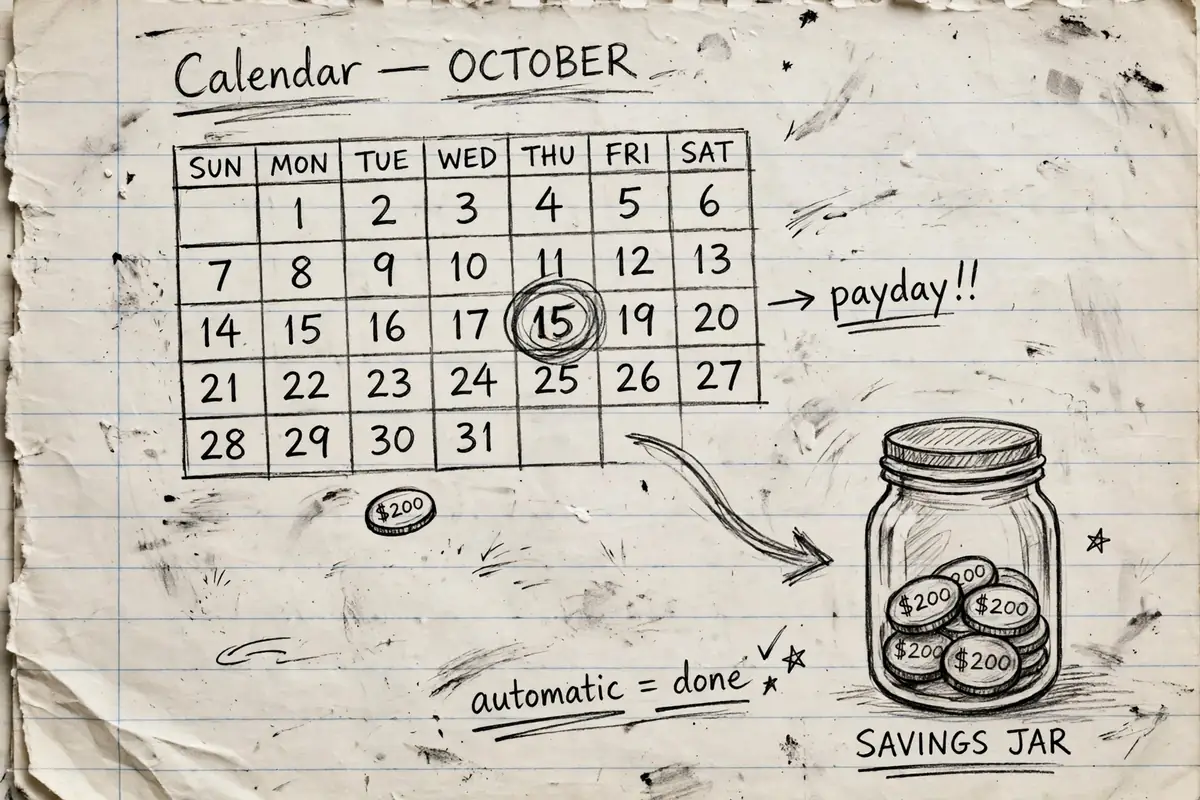 Hand-drawn pencil sketch of a monthly savings plan, $200 moving into a savings jar on its own every month