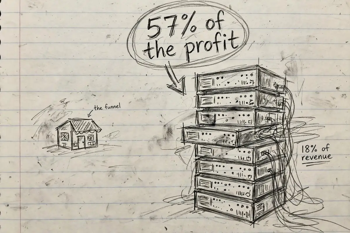Hand-drawn sketch of a server stack with a large circled note reading 57 percent of Amazon's profit, next to a small shop drawing, showing AWS as Amazon's profit engine