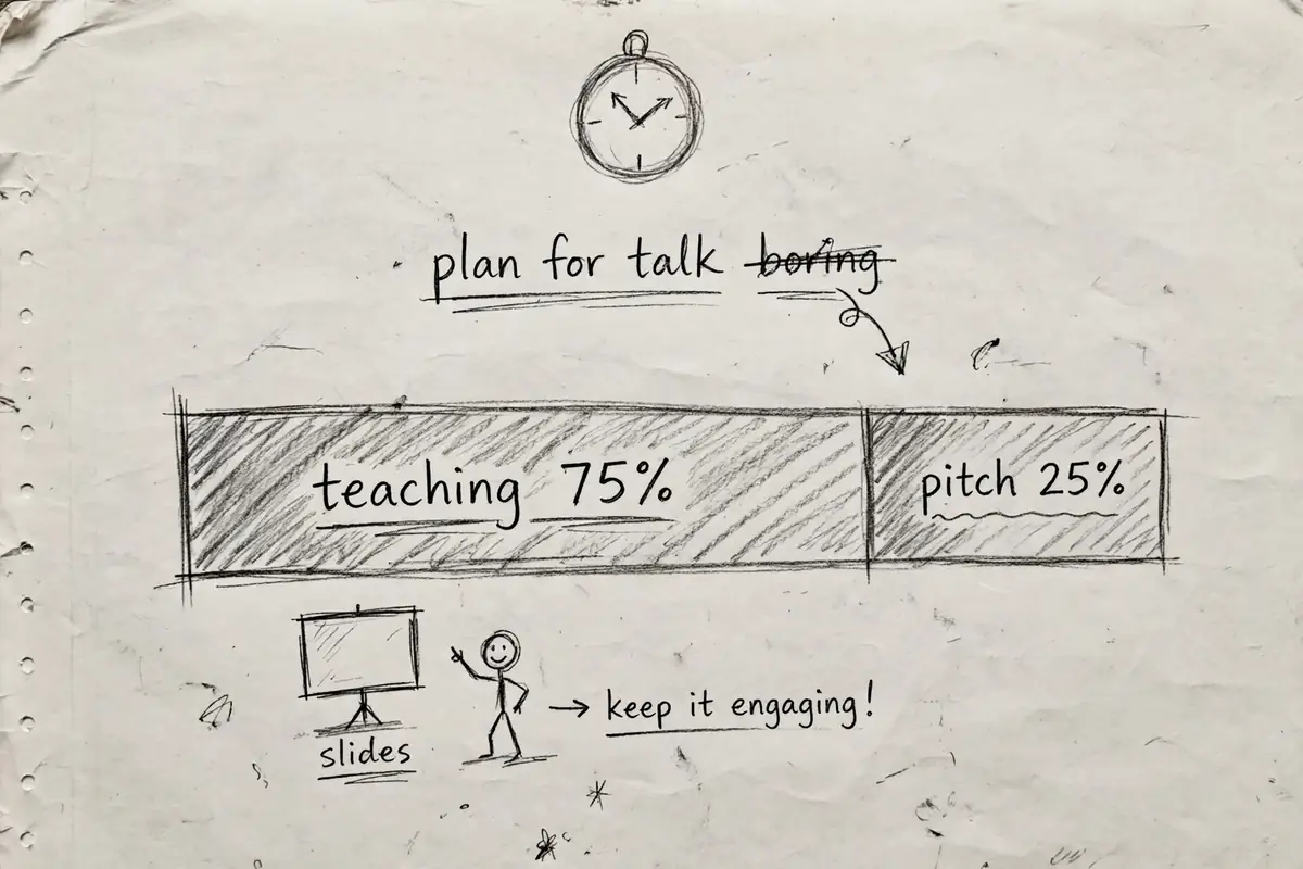 Pencil sketch of a webinar session drawn as a long bar split into about 75 percent teaching content and 25 percent product pitch, with a small clock doodle