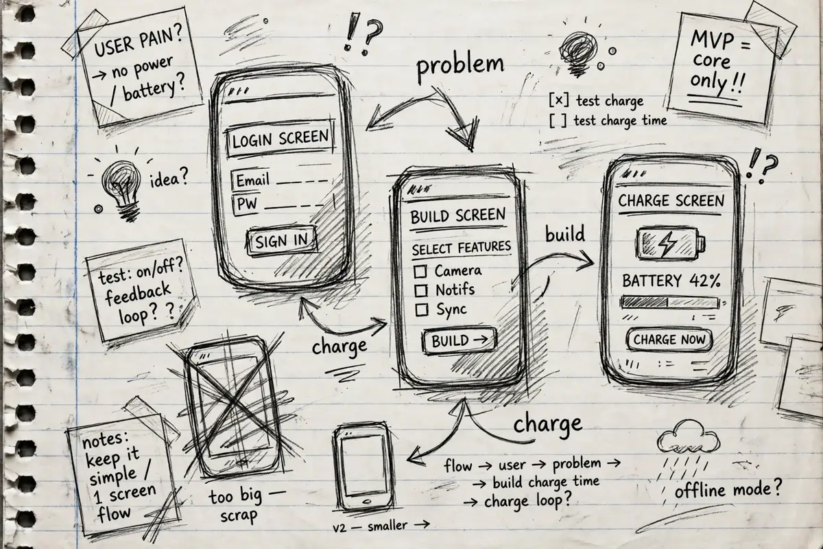 Hand-drawn pencil wireframe sketches of a small phone app on notebook paper, with arrows and the words problem, build, charge