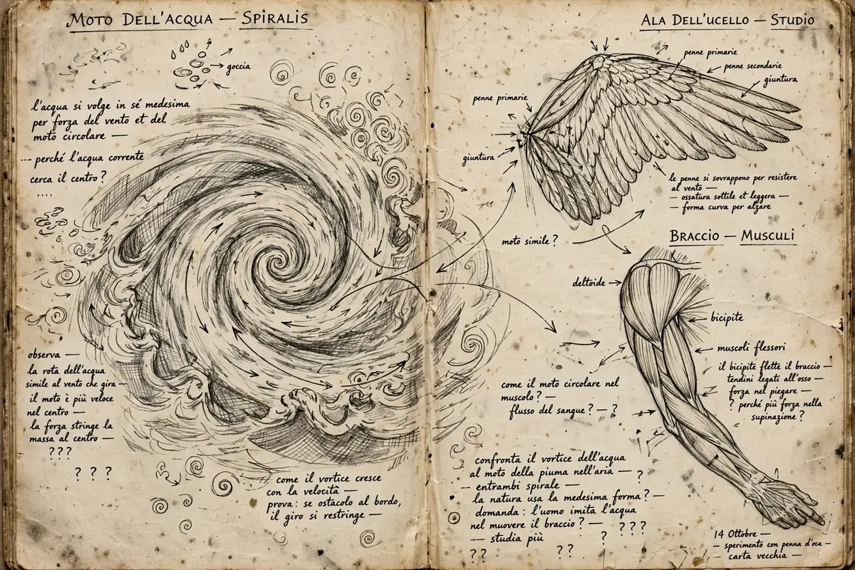 Pencil sketch of an open notebook page with drawings of a water spiral, a bird wing and an arm muscle, covered in handwritten annotations