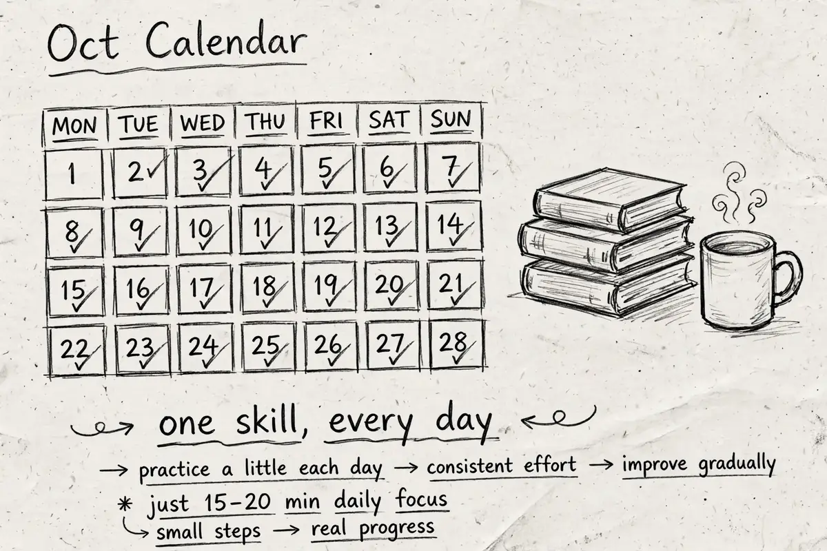 Hand-drawn pencil sketch of a wall calendar with a checkmark in every day box, a small stack of books and a coffee cup beside it, and a handwritten note saying one skill, every day