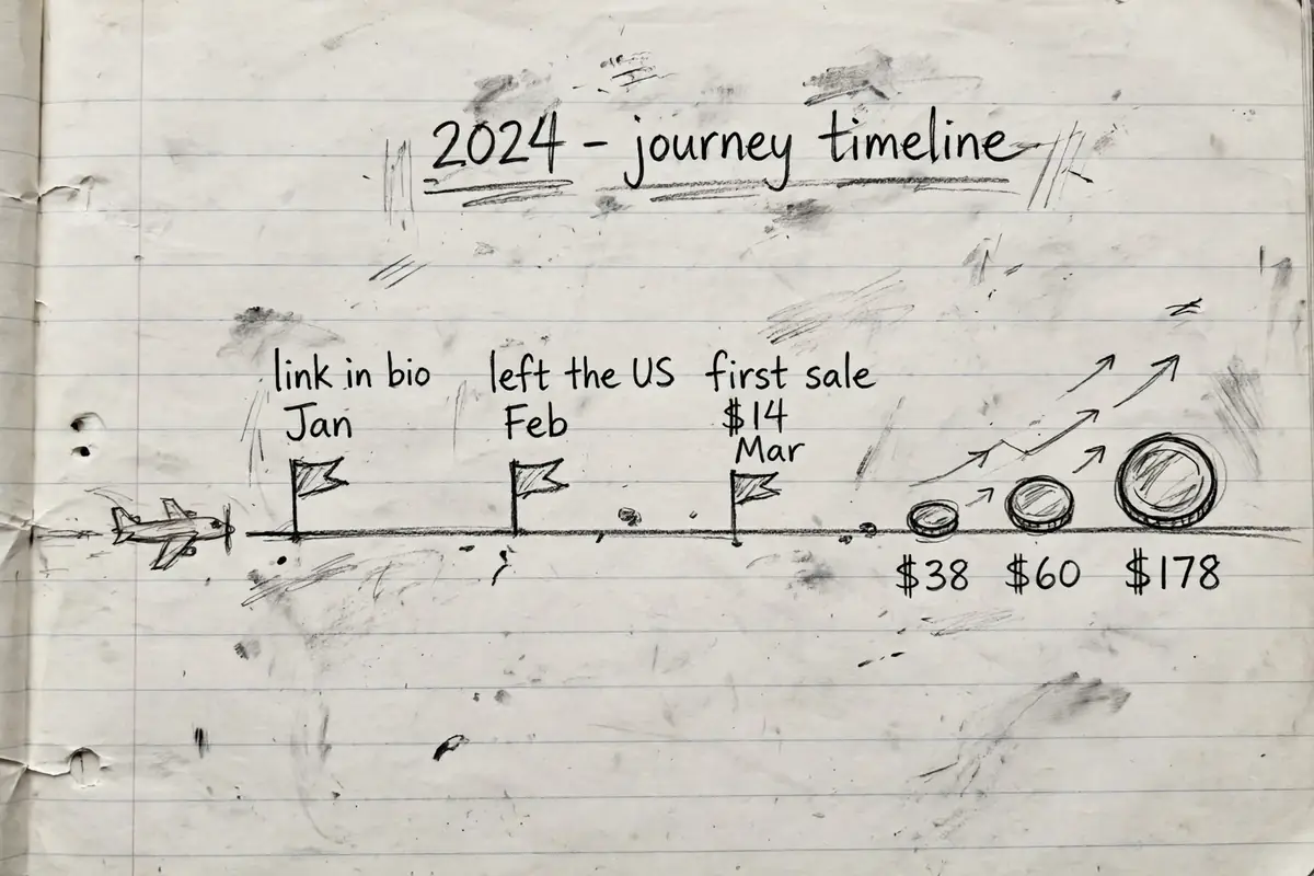 Pencil sketch of a simple timeline with a link in bio in January, a first 14 dollar sale in March, and small growing amounts after, drawn in a notebook
