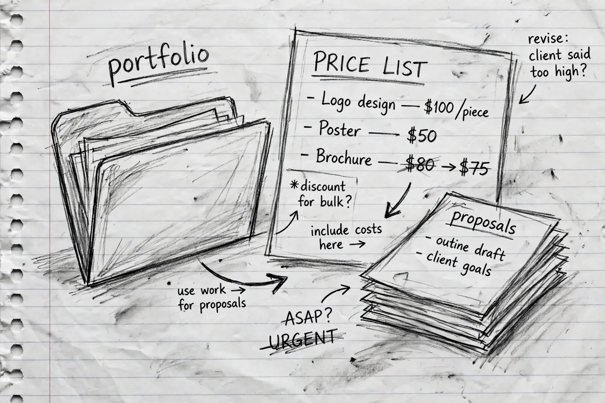 Pencil sketch of a freelancer portfolio folder beside a handwritten pricing sheet and proposal drafts, drawn on notebook paper