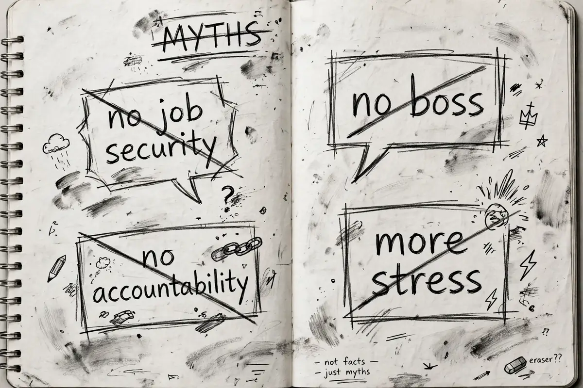 Pencil sketch in a notebook of four freelancing myths for beginners, each crossed out by hand: no job security, no boss, no accountability, more stress