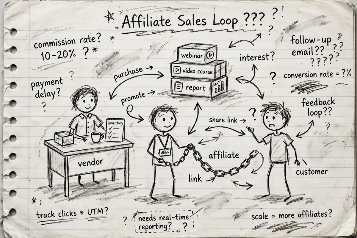 Pencil sketch showing how affiliate bonuses work, with a bonus report, a video course and a webinar stacked as gifts beside a vendor, an affiliate and a customer linked by arrows