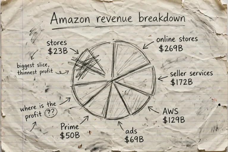Hand-drawn pie chart sketch breaking down how does Amazon make money, with slices labelled online stores $269B, seller services $172B, AWS $129B, advertising $69B, subscriptions $50B and physical stores $23B