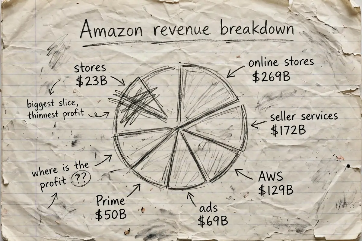 Hand-drawn pie chart sketch breaking down how does Amazon make money, with slices labelled online stores $269B, seller services $172B, AWS $129B, advertising $69B, subscriptions $50B and physical stores $23B