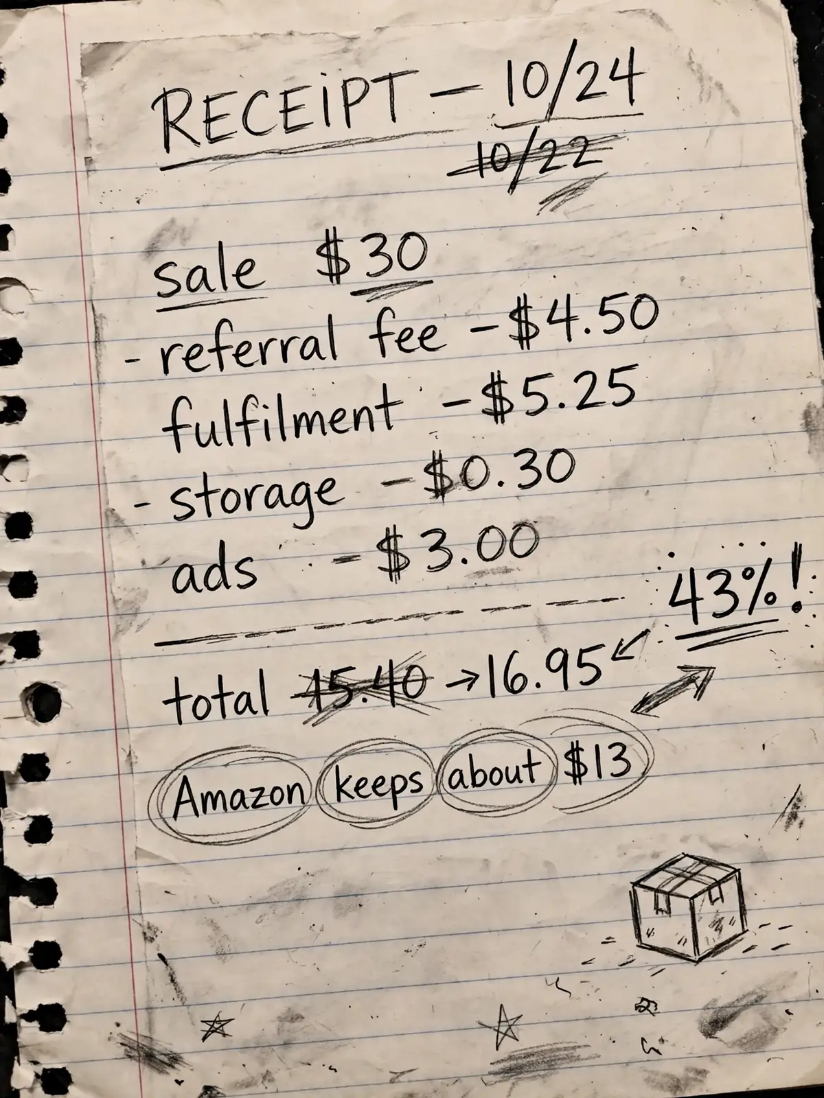Hand-drawn receipt sketch showing the fee stack on a $30 Amazon sale: referral fee $4.50, fulfilment $5.25, storage $0.30 and ads $3, with about $13 circled as Amazon's share