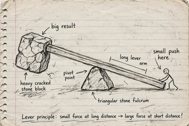 Hand-drawn pencil sketch of a long lever lifting a heavy stone block, showing how to build leverage with a small force