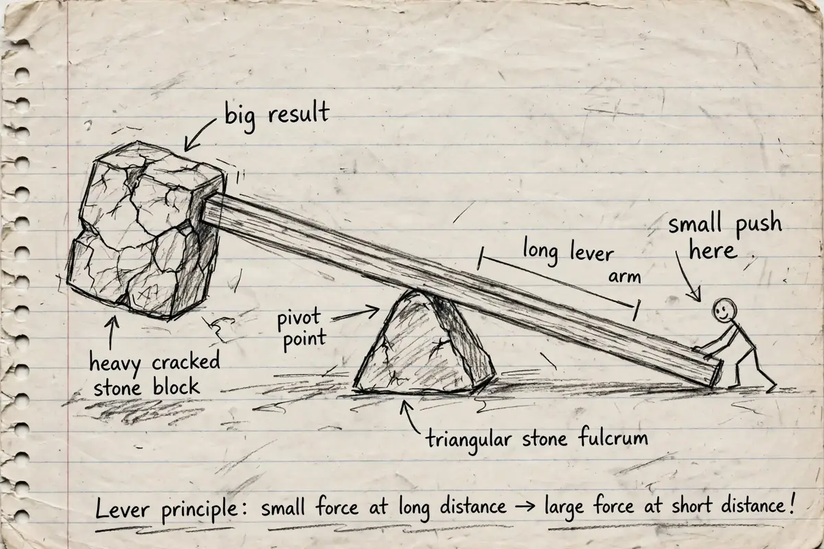 Hand-drawn pencil sketch of a long lever lifting a heavy stone block, showing how to build leverage with a small force