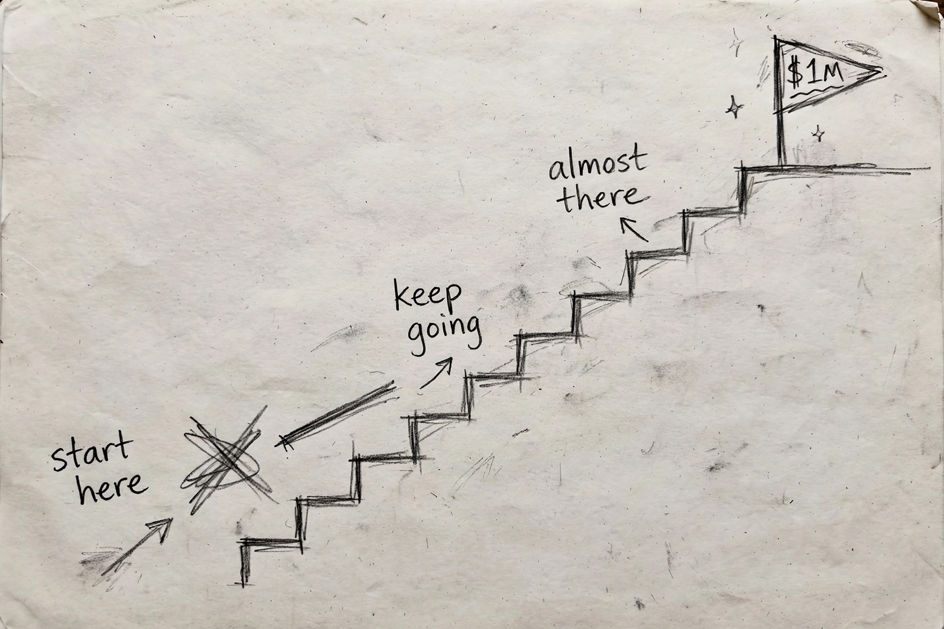 Hand-drawn pencil sketch of a staircase leading up to a flag marked $1M, with handwritten notes: start here, keep going, almost there