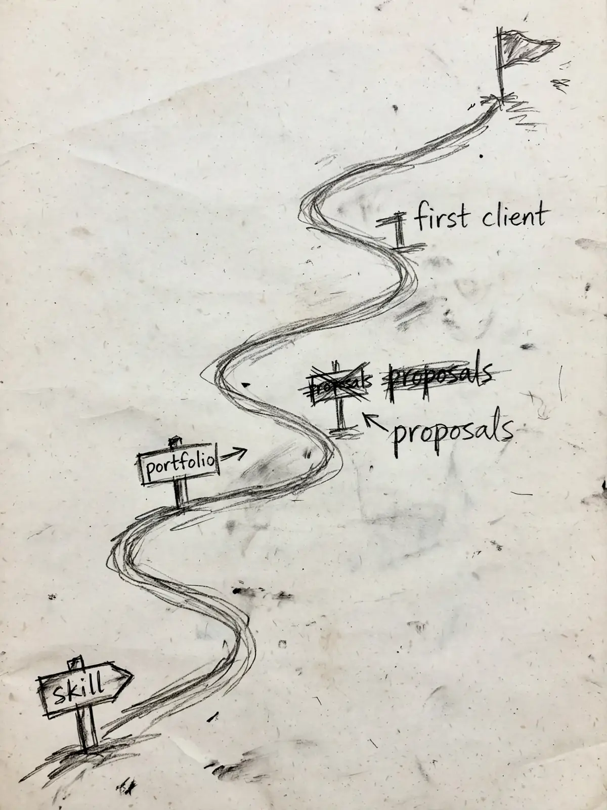 Hand-drawn pencil sketch of a winding beginner roadmap for how to start freelancing, with signposts for skill, portfolio, proposals and first client