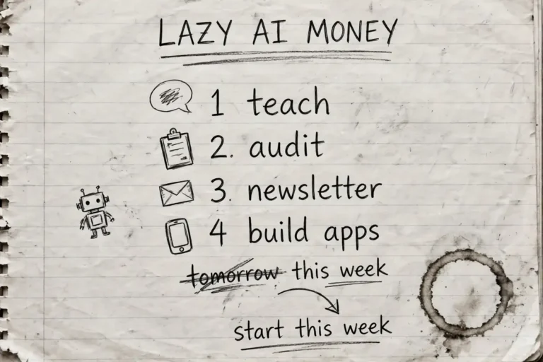 Hand-drawn pencil sketch of a notebook page listing the laziest ways to make money with AI, with a coffee cup and a small robot doodle
