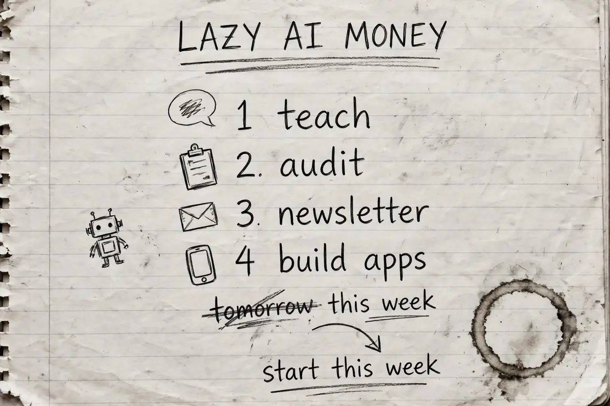 Hand-drawn pencil sketch of a notebook page listing the laziest ways to make money with AI, with a coffee cup and a small robot doodle