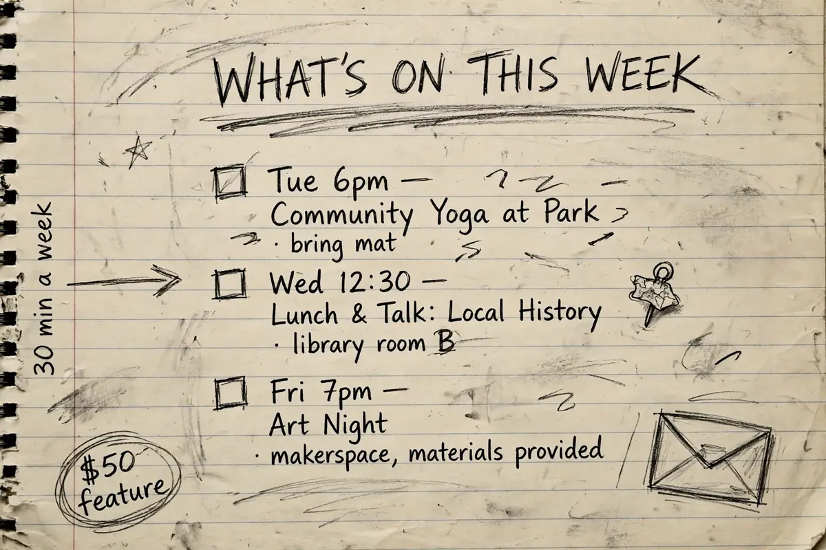 Pencil sketch of a hand-drawn newsletter page with event listings, a small map pin and an envelope doodle