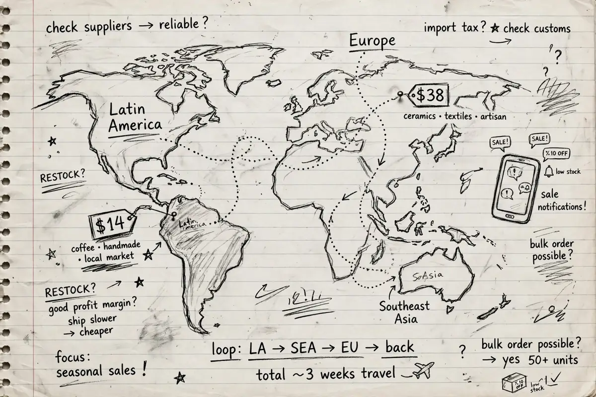 Pencil sketch of a hand drawn world map with a dotted travel route, a phone and small price tags, showing how to make money online while living abroad with digital products
