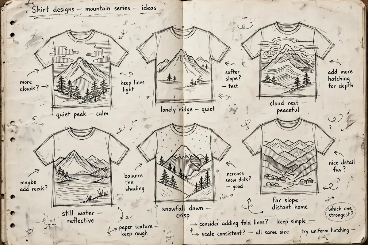 Pencil sketch of a notebook page filled with rough mountain t-shirt designs in one matching style, with short phrases like climb to greatness written under each drawing
