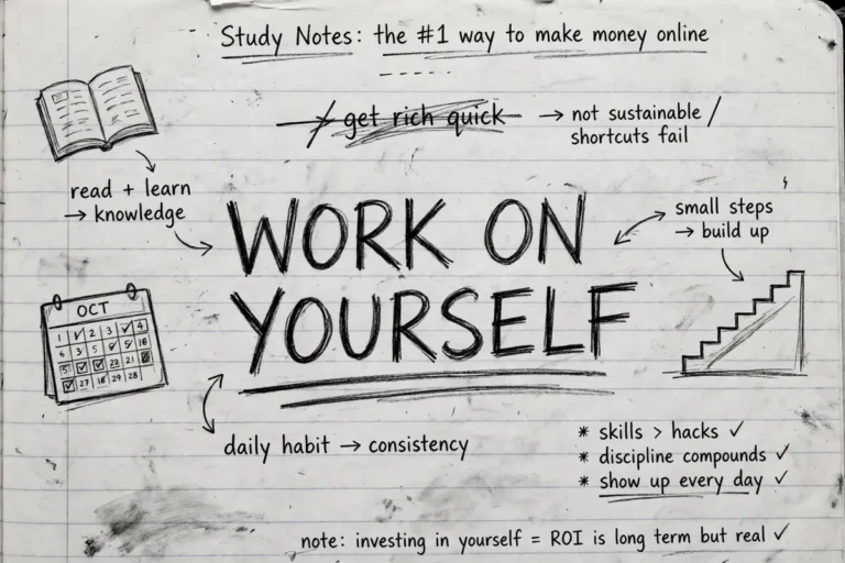 Hand-drawn pencil sketch of notebook notes on the number one way to make money online, with the words work on yourself underlined twice and small arrows pointing to a book, a calendar and a rising staircase