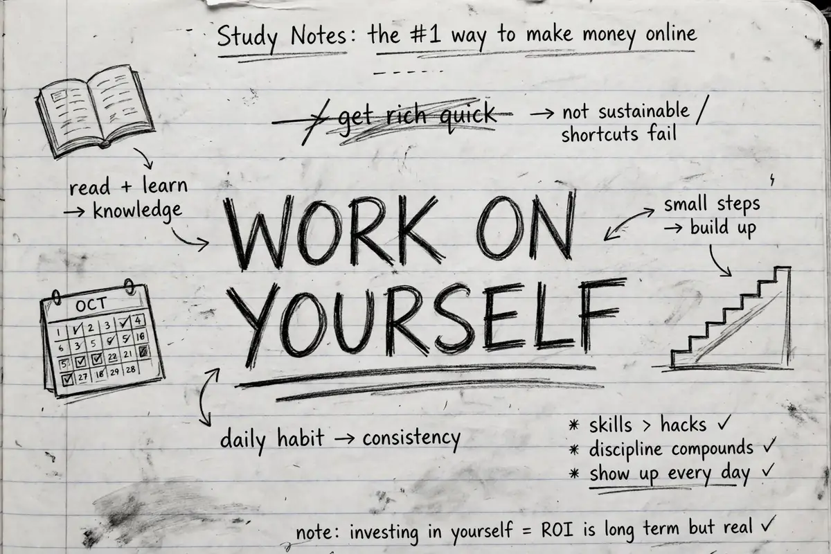 Hand-drawn pencil sketch of notebook notes on the number one way to make money online, with the words work on yourself underlined twice and small arrows pointing to a book, a calendar and a rising staircase
