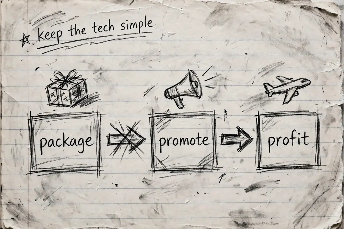 Hand drawn pencil sketch of three boxes labeled package, promote, and profit, joined by arrows on notebook paper